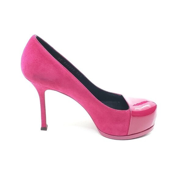 Yves Saint Laurent Tribtoo Platform Pumps Pink Suede Patent Cap Toe 36.5 US 6.5 - Picture 2 of 12